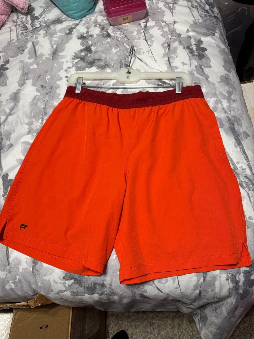 Fabletics Men's Bright Orange Athletic Shorts with Maroon Waistband